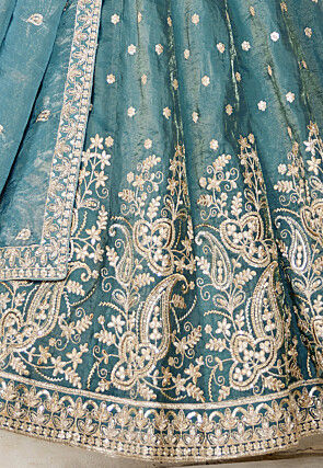 Embroidered Tissue Silk Lehenga in Teal Blue