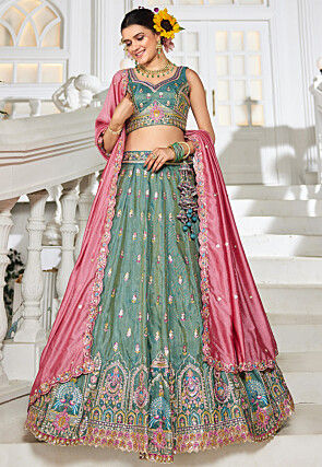 Embroidered Tissue Silk Lehenga in Teal Green