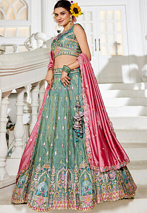 Embroidered Tissue Silk Lehenga in Teal Green