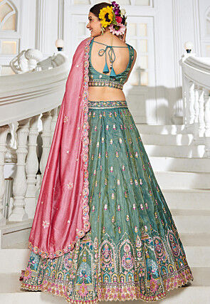 Embroidered Tissue Silk Lehenga in Teal Green