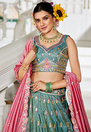 Embroidered Tissue Silk Lehenga in Teal Green
