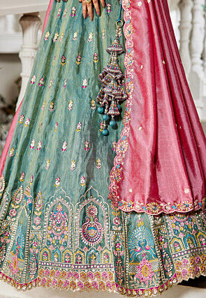 Embroidered Tissue Silk Lehenga in Teal Green
