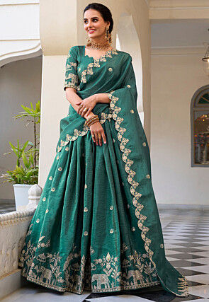 Embroidered Tissue Silk Lehenga in Teal Green