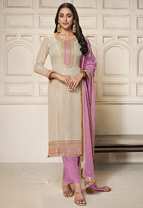 Embroidered Tissue Silk Pakistani Suit in Beige