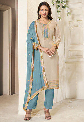 Embroidered Tissue Silk Pakistani Suit in Beige