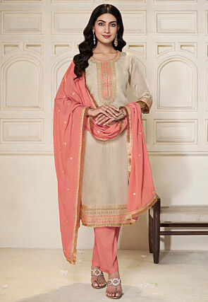 Embroidered Tissue Silk Pakistani Suit in Beige
