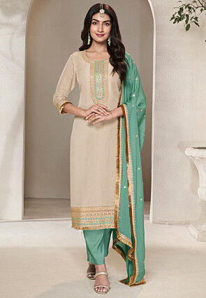 Embroidered Tissue Silk Pakistani Suit in Beige