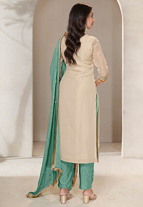 Embroidered Tissue Silk Pakistani Suit in Beige