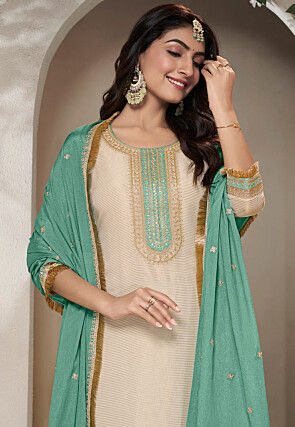 Embroidered Tissue Silk Pakistani Suit in Beige