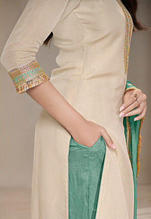 Embroidered Tissue Silk Pakistani Suit in Beige
