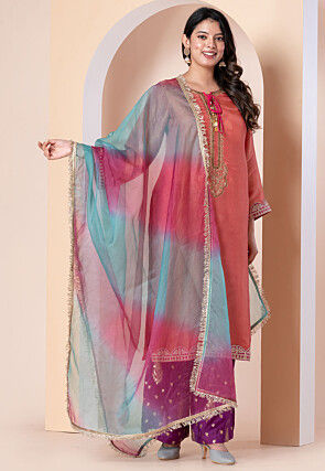 Embroidered Tissue Silk Pakistani Suit in Orange