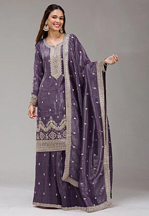 Embroidered Tissue Silk Pakistani Suit in Purple