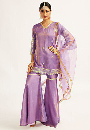 Embroidered Tissue Silk Pakistani Suit in Purple