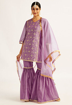 Embroidered Tissue Silk Pakistani Suit in Purple