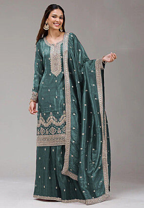 Embroidered Tissue Silk Pakistani Suit in Teal Blue