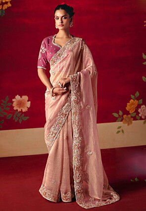 Embroidered Tissue Silk Saree in Baby Pink
