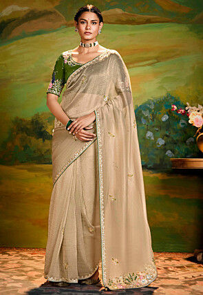 Embroidered Tissue Silk Saree in Beige