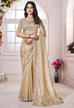 Embroidered Tissue Silk Saree in Beige