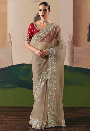 Embroidered Tissue Silk Saree in Beige