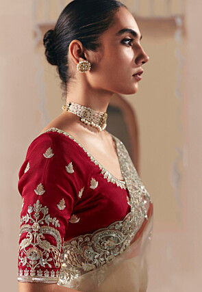 Embroidered Tissue Silk Saree in Beige