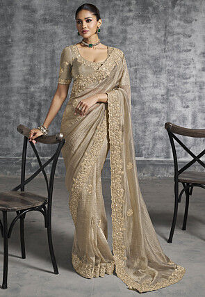 Embroidered Tissue Silk Scalloped Saree in Beige
