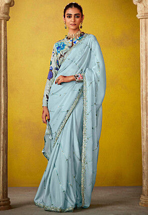 Embroidered Tissue Silk Saree in Blue
