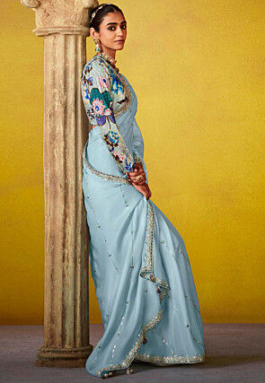 Embroidered Tissue Silk Saree in Blue