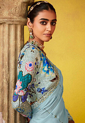 Embroidered Tissue Silk Saree in Blue