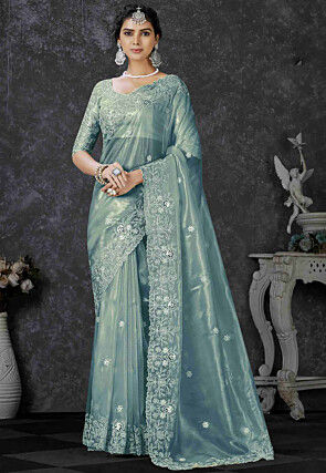 Embroidered Tissue Silk Saree in Blue