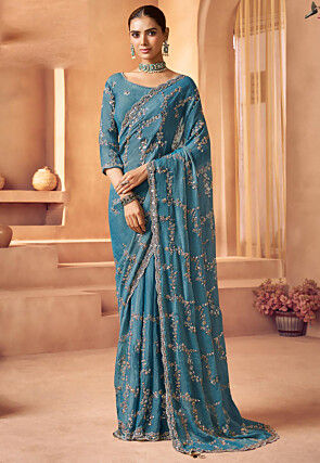 Embroidered Tissue Silk Saree in Blue