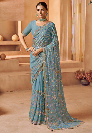 Embroidered Tissue Silk Saree in Blue