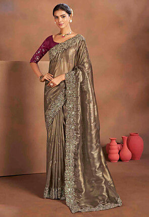 Embroidered Tissue Silk Saree in Brown