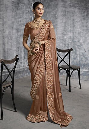 Embroidered Tissue Silk Scalloped Saree in Brown