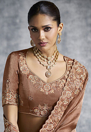 Embroidered Tissue Silk Scalloped Saree in Brown