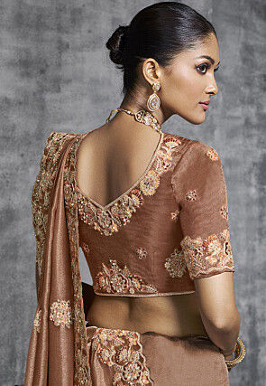 Embroidered Tissue Silk Scalloped Saree in Brown