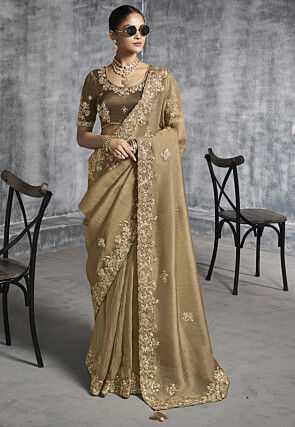Embroidered Tissue Silk Saree in Brown