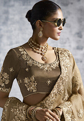 Embroidered Tissue Silk Saree in Brown