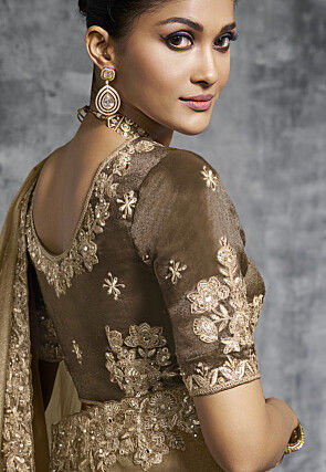 Embroidered Tissue Silk Saree in Brown