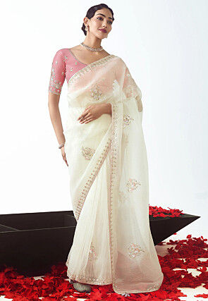 Embroidered Tissue Silk Saree in Cream