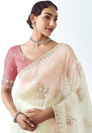 Embroidered Tissue Silk Saree in Cream
