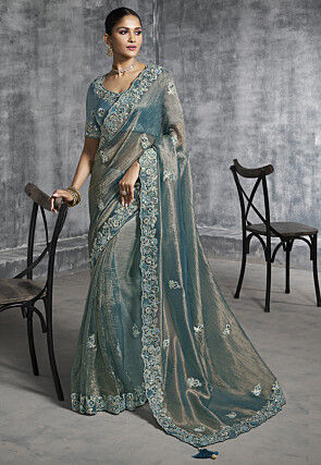 Embroidered Tissue Silk Scalloped Saree in Dusty Blue