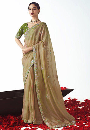 Embroidered Tissue Silk Saree in Dusty Green
