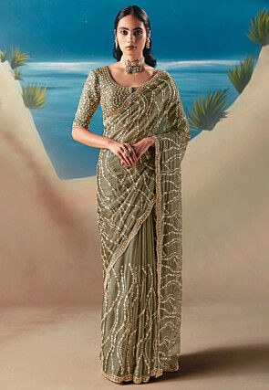 Embroidered Tissue Silk Saree in Dusty Green