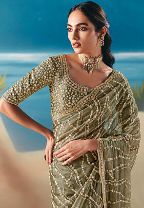 Embroidered Tissue Silk Saree in Dusty Green