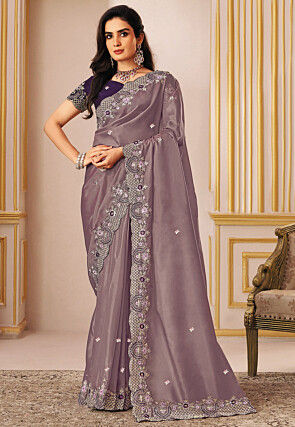 Embroidered Tissue Silk Scalloped Saree in Dusty Purple