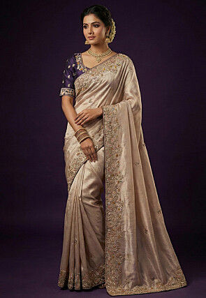 Embroidered Tissue Silk Saree in Fawn