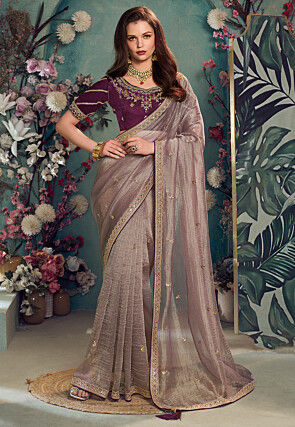 Embroidered Tissue Silk Saree in Fawn