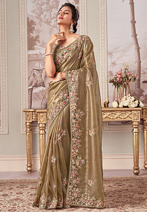 Embroidered Tissue Silk Saree in Fawn