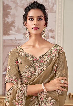 Embroidered Tissue Silk Saree in Fawn