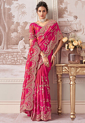 Embroidered Tissue Silk Saree in Fuchsia